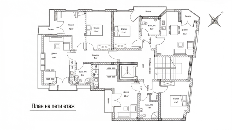 Архитектурен план на шести етаж с разпределение на двустайни и тристайни апартаменти до Гранд Мол Варна