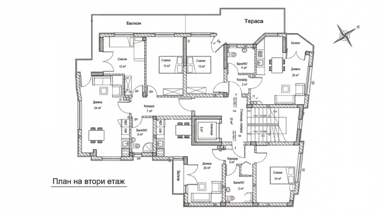 Архитектурен план на шести етаж с разпределение на двустайни и тристайни апартаменти до Гранд Мол Варна