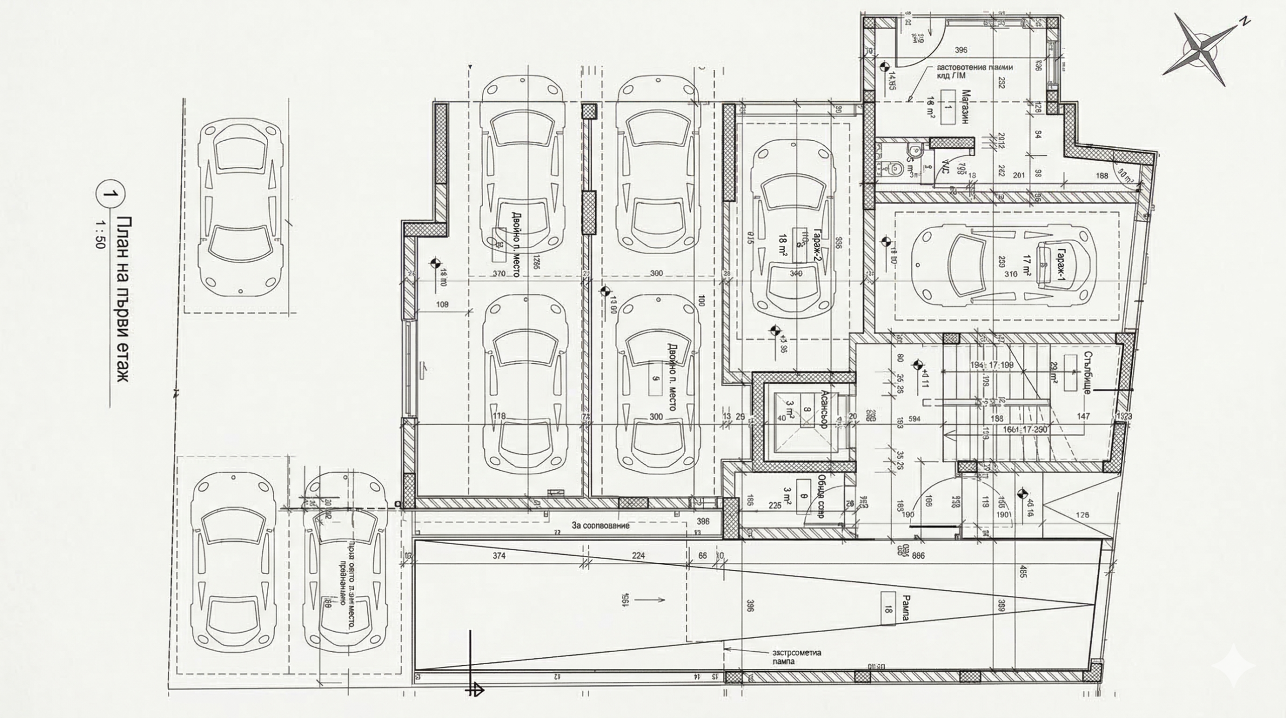 План на партерен етаж с гаражи, двойни паркоместа и търговско помещение (магазин) в сграда до Гранд Мол Варна