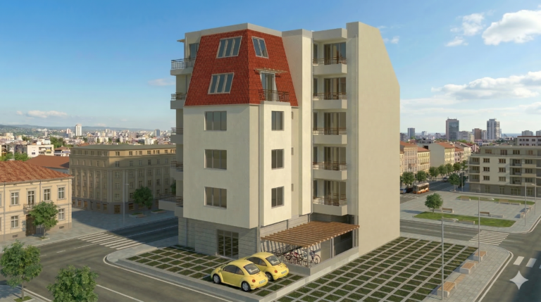 Детайл от фасадата и балконите на ново строителство до Гранд Мол Варна, изпълнено с висок клас материали.