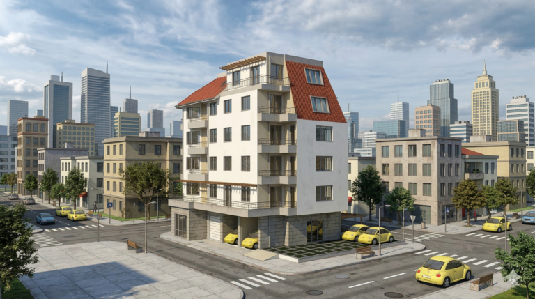 Страничен изглед на сграда с подземни паркоместа и гаражи до 3-ти корпус на ВИНС Варна.